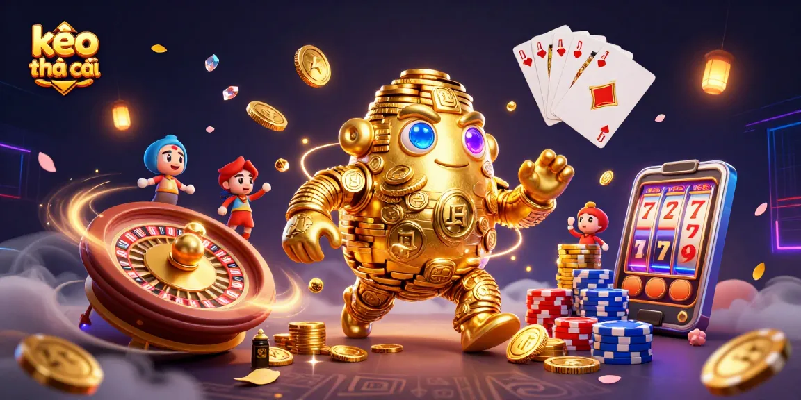 Engage in kèo nhà cái with a vibrant 3D casino scene featuring golden golem and dynamic gaming elements.