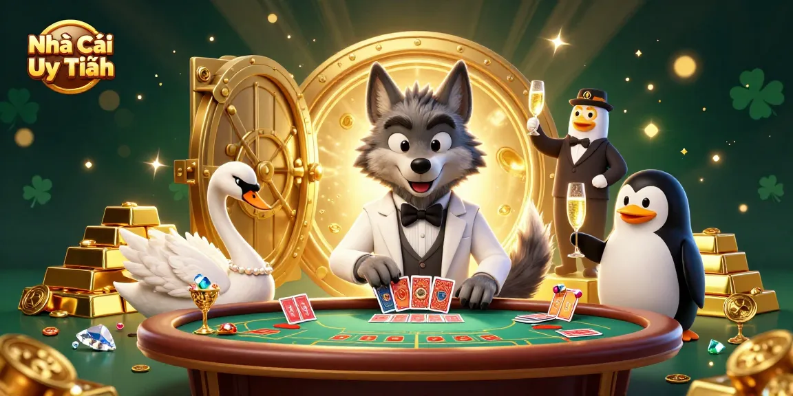 Engage with Nhà Cái Uy Tín through the captivating casino scene featuring a debonair wolf, elegant swan, and penguin sommelier.