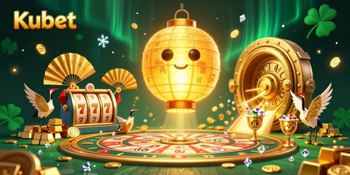 Kubet illuminates a vibrant casino scene filled with lucky symbols, slot reels, and treasures.