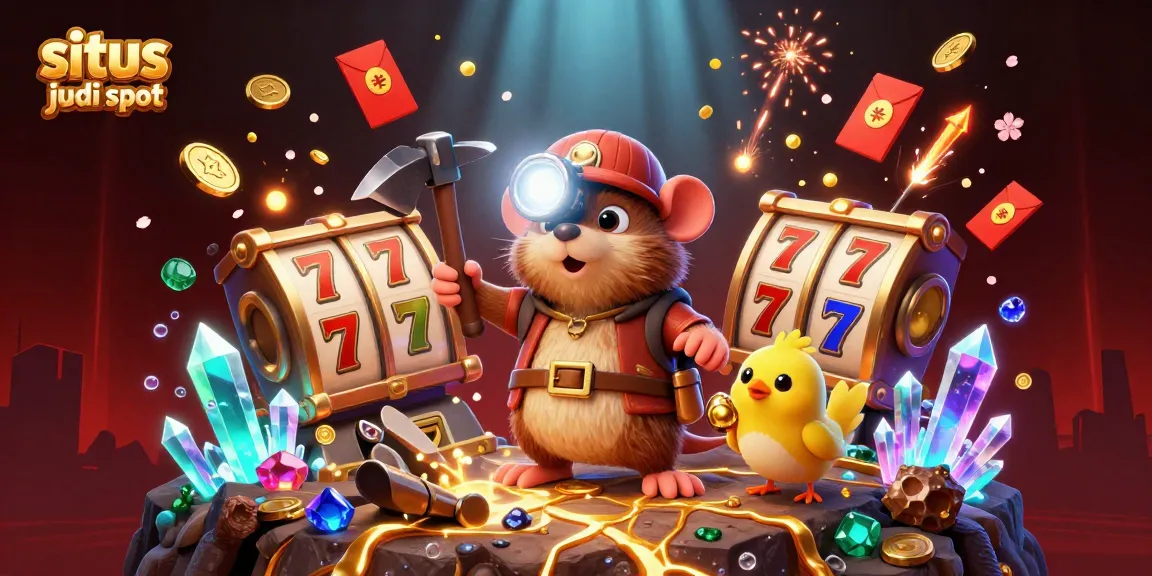 Situs judi slot dengan karakter pencari harta 3D di dalam gua penuh emas dan simbol keberuntungan