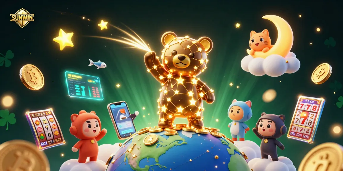 SUNWIN offers a captivating exploration of slots with a constellation bear scooping coins while slot reels sparkle around.