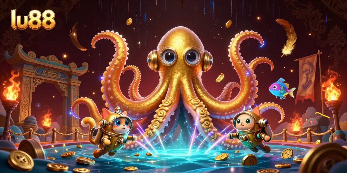 lu88 features a colossal kraken and diving cat in a vibrant casino-inspired underwater scene.