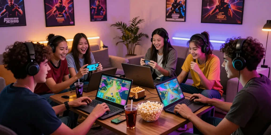 Engaged friends playing an online game together in a lively living room.