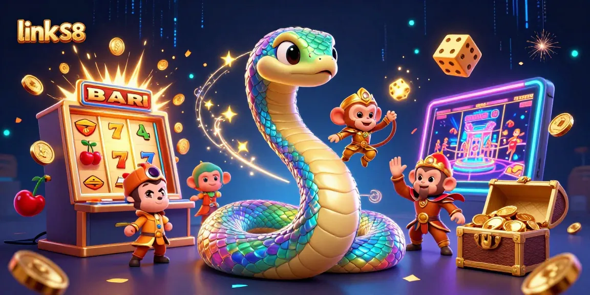 Win big at link S8 with vibrant 3D casino illustration showcasing colorful games and magical elements.