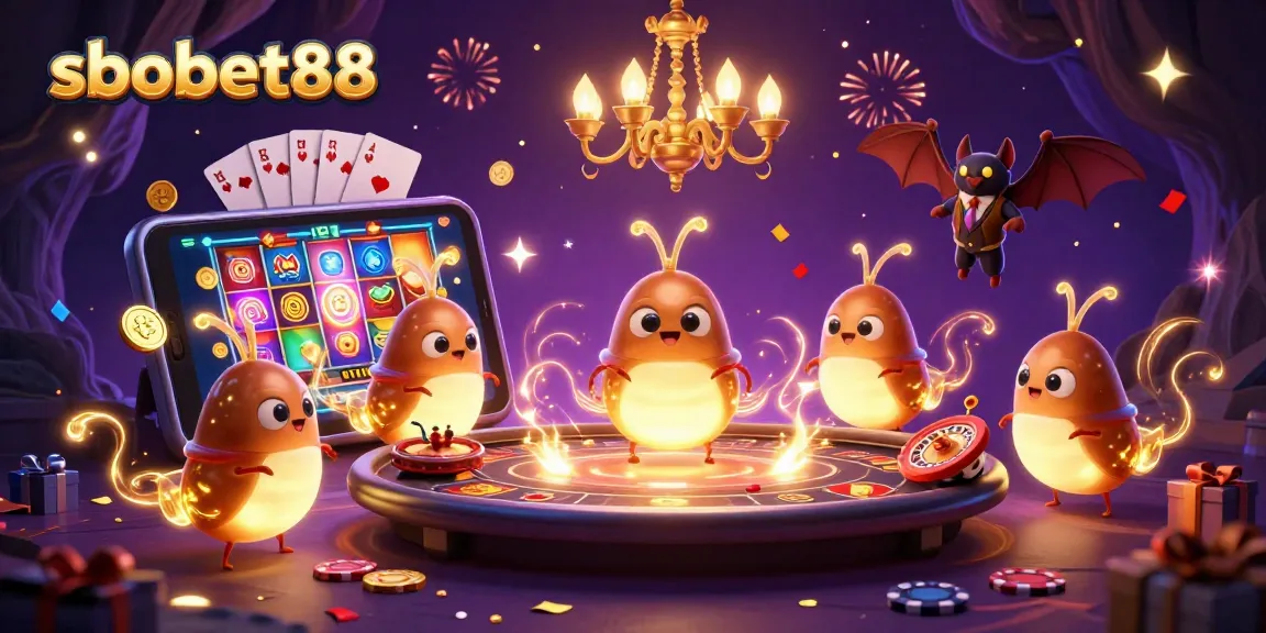 Experience sbobet88 with vibrant glowworms illuminating a lively cave casino environment.