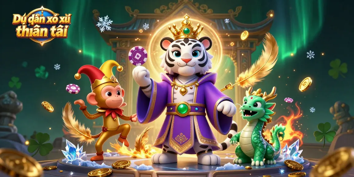 Dự đoán xổ số thần tài brings luck with a white tiger, golden monkey, and jade dragon in a vibrant casino scene.