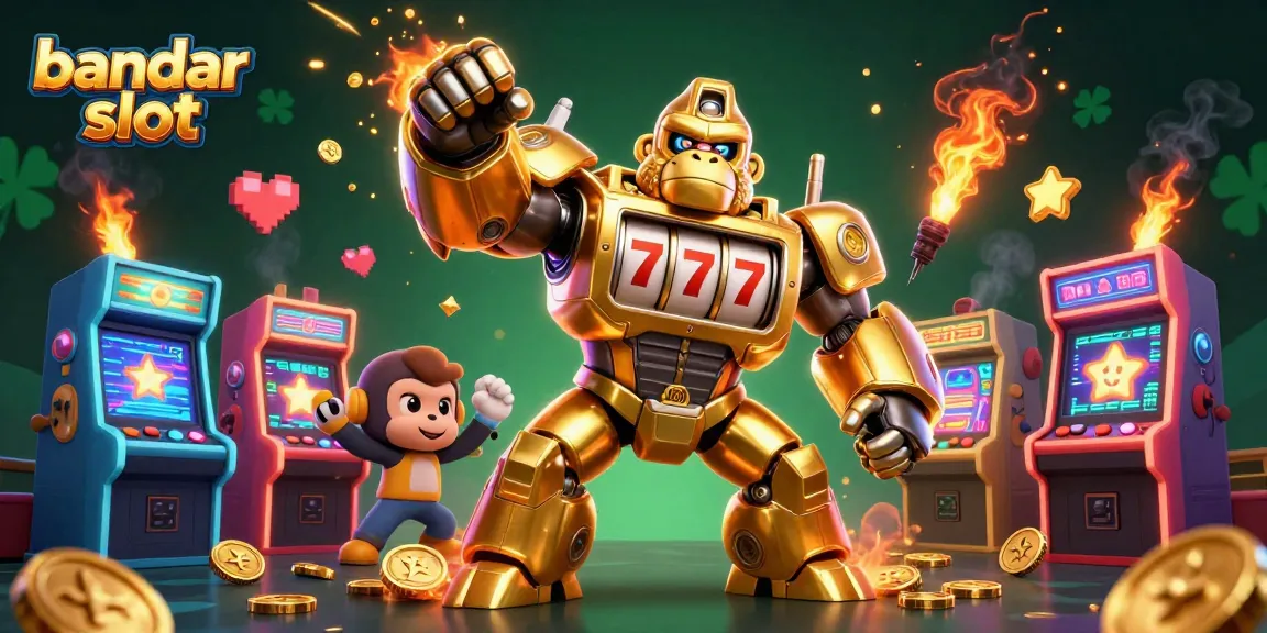 Permainan bandar slot dengan karakter gorila emas dan mesin slot yang menarik untuk pemain.