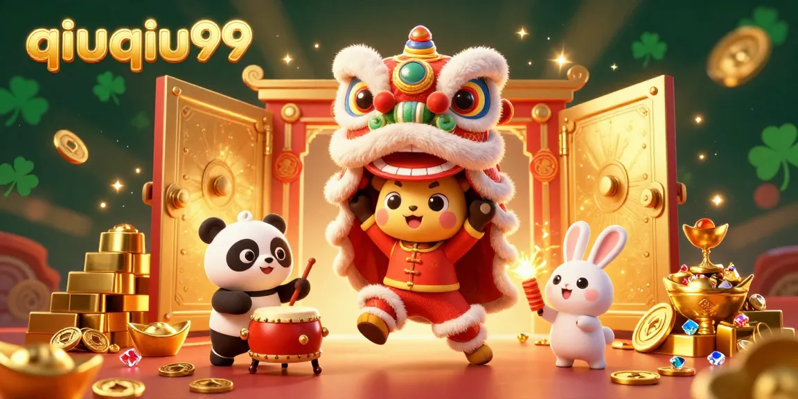 Engage in thrilling gameplay with qiuqiu99 at a vibrant casino illustration featuring festive characters.