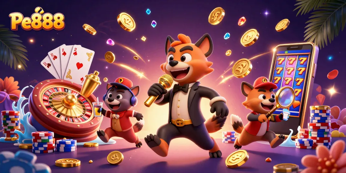 Experience entertaining moments with Pe888's casino games in a vibrant, dynamic illustration.