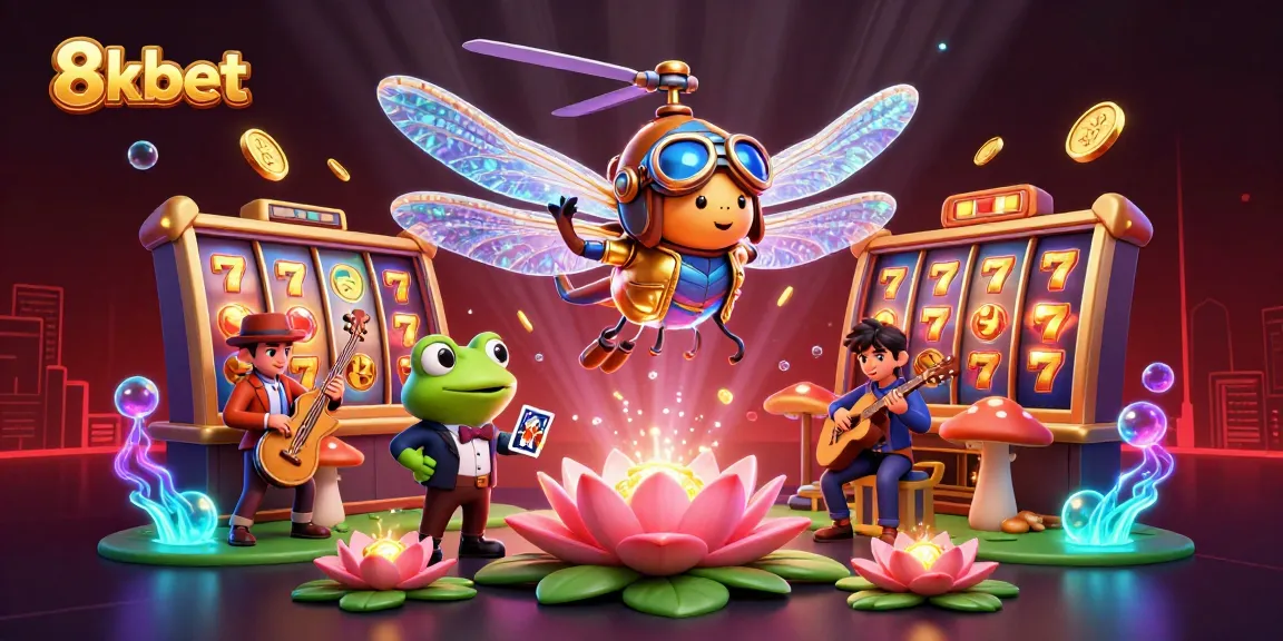 Experience thrilling gameplay at 8xbet with a vibrant casino scene featuring dazzling slot reels and lively characters.