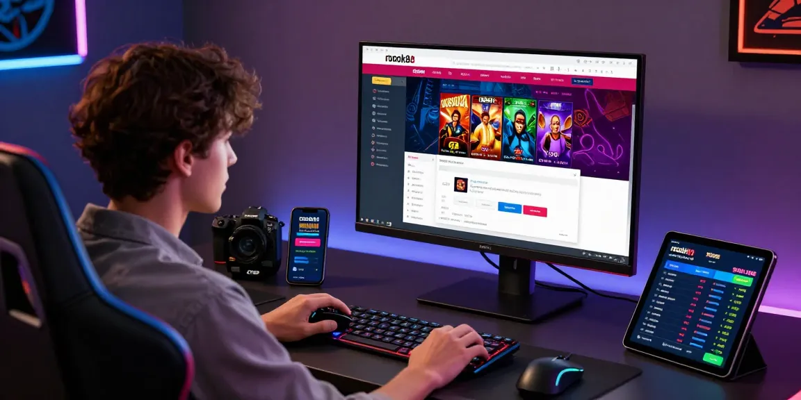 Engaged user at a vibrant gaming desk logging into rokok88 for an online betting experience with multiple screens and immersive lighting.