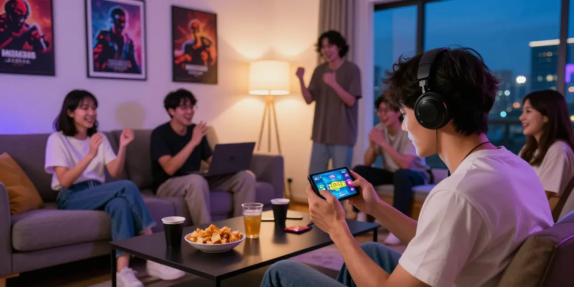 Mega888 Apk gameplay in a cozy gaming room with friends and snacks, showcasing excitement and modern gaming culture.