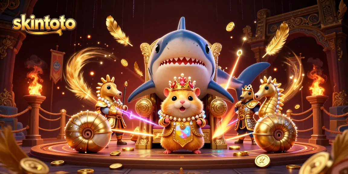 Gambarkan skintoto dan raja hamster bertempatkan gigi megalodon dalam arena bertarung yang fantastis.