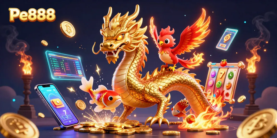 Engage with the Pe888 casino experience featuring a dragon, phoenix, and koi amidst vibrant slot elements.