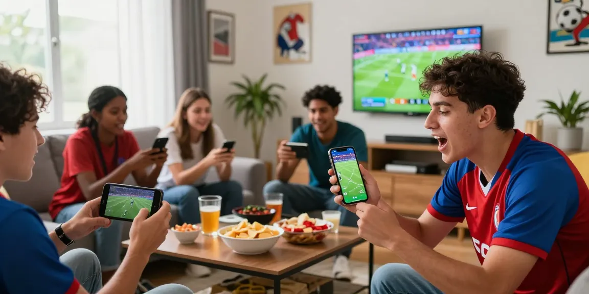 Fans celebrating Pelota Libre football live streaming with friends in a vibrant living room.
