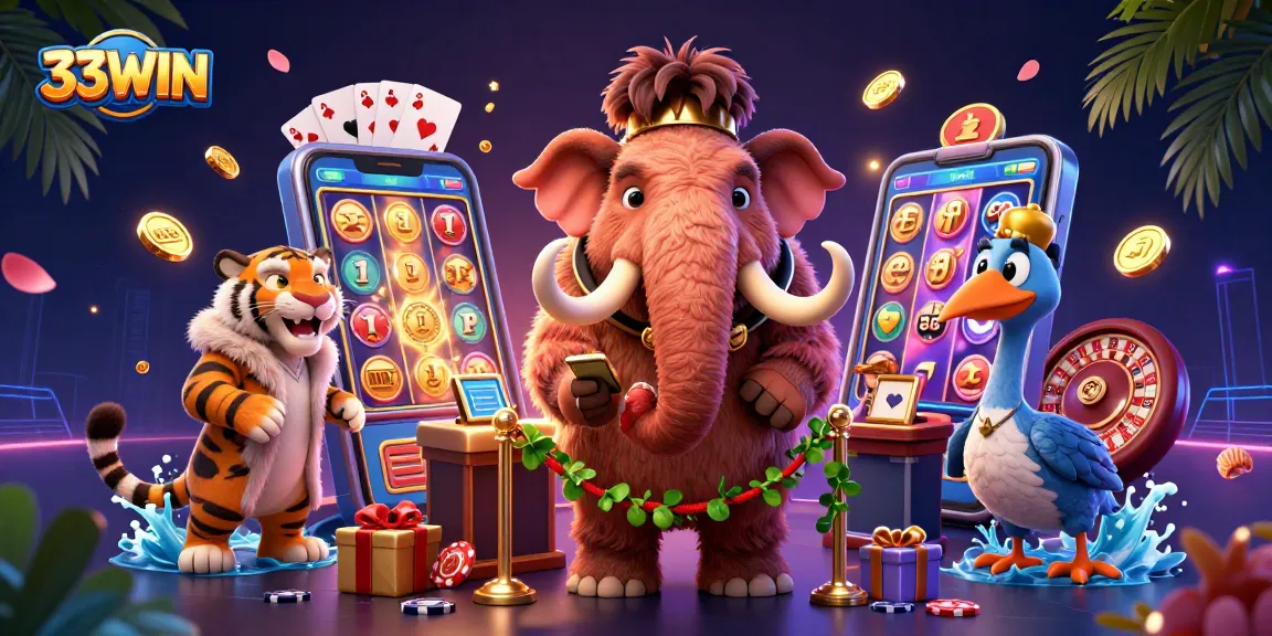 33WIN casino bouncer checks IDs as a saber-tooth guest enjoys slot games in a vibrant setting.