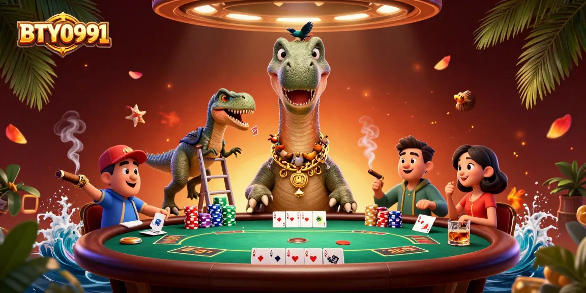 BTY0991 brings vibrant casino fun with a playful brontosaurus and smart raptor in a poker scene.