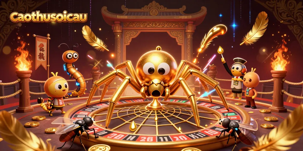Experience caothusoicau's thrilling gambling scene with a dynamic 3D illustration featuring a spider and fly in a roulette web.