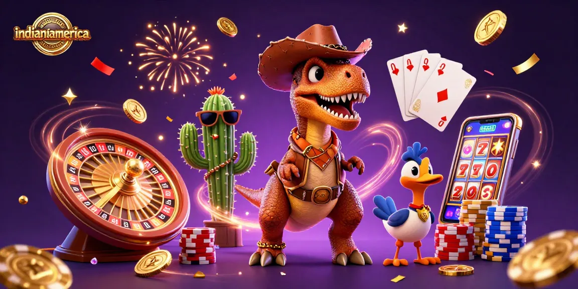 Engage with indianiamerica as a 3D cartoon cowboy dinosaur celebrates casino wins among vibrant graphics.