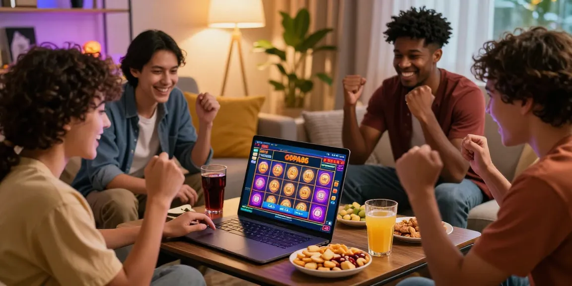 Friends enjoying a thrilling gaming experience on oppa86 situs with vibrant visuals and snacks.