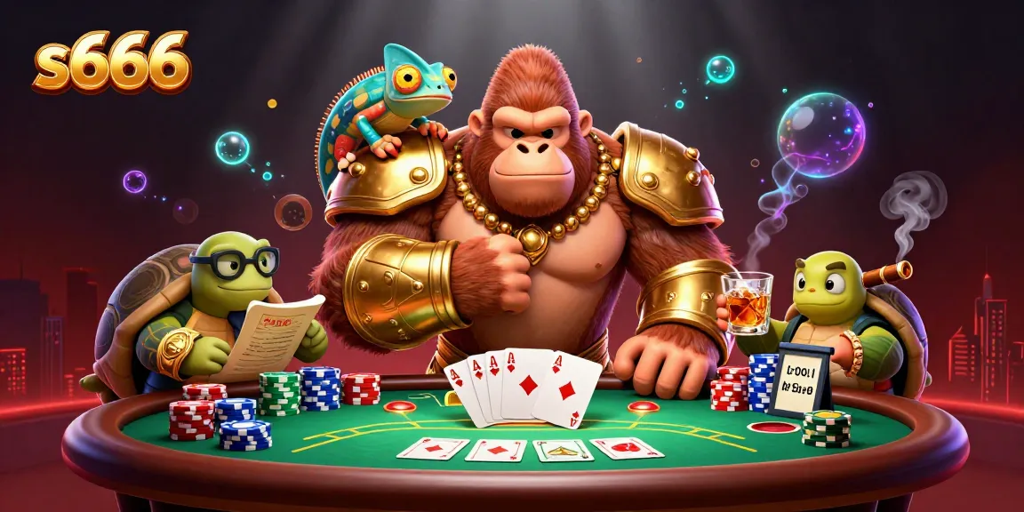 S666 casino illustration showcasing a powerful gorilla in armor with a chameleon companion and a wise tortoise, surrounded by poker elements.