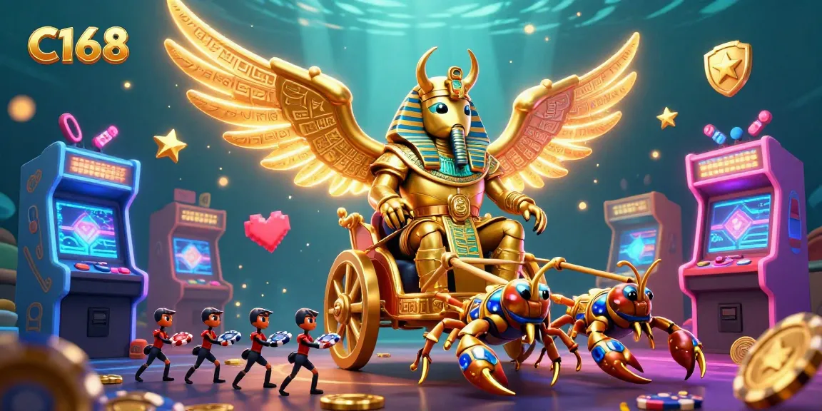 C168 offers an exciting gambling experience with a colossal golden scarab beetle amidst 3D gaming elements and poker chips.