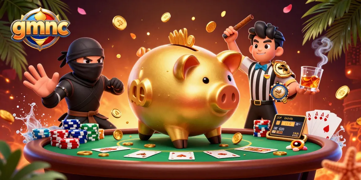 Engage in thrilling gameplay as GMNC unveils a dynamic casino showdown featuring a golden piggy bank sumo wrestler.