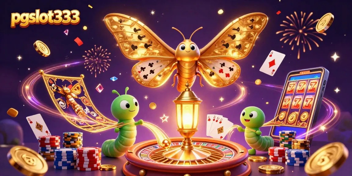 Spin the reels on pgslot333 featuring a vibrant casino scene with golden moths and roulette
