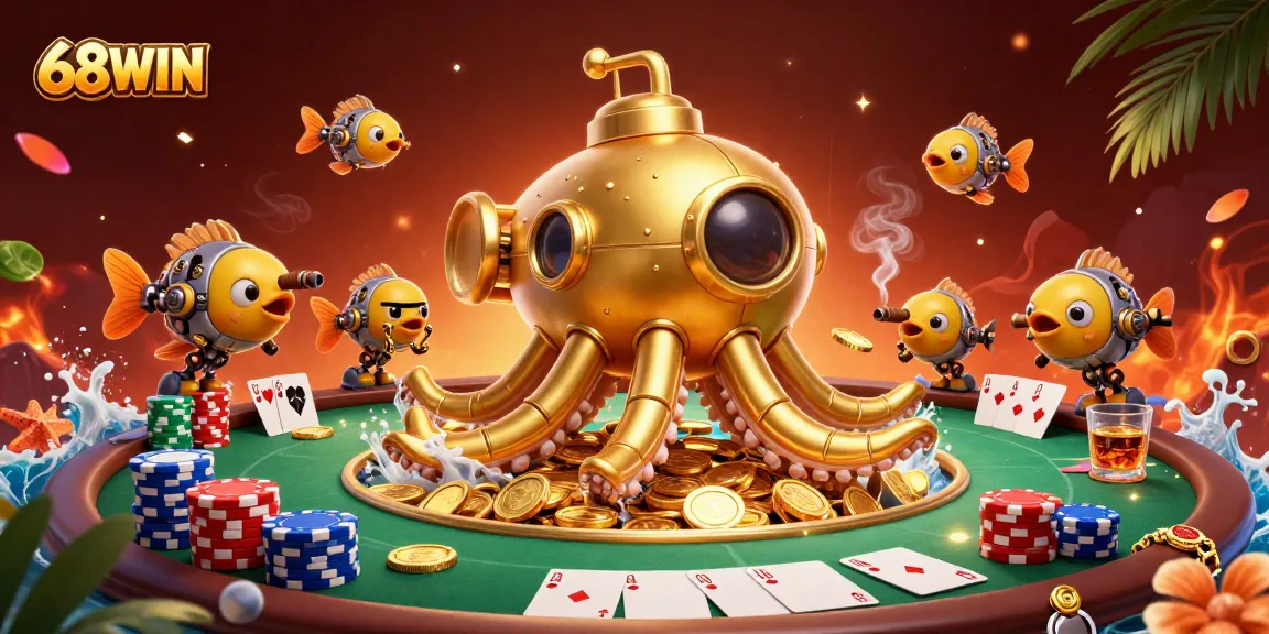 Engaging 68WIN illustration showcasing a golden kraken submarine and poker gaming elements.