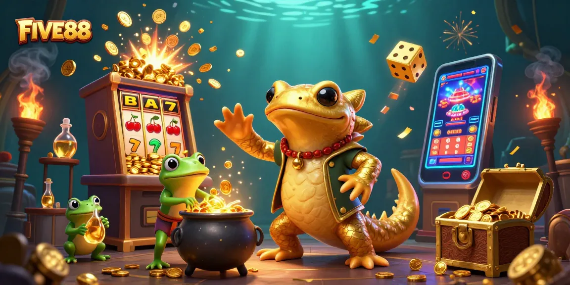 Experience the FIVE88 jackpot magic with a golden salamander alchemist and vibrant casino symbols!