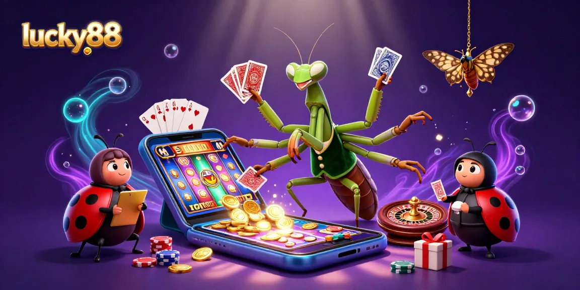 Engage with lucky88’s thrilling ambiance with a giant mantis dealer and vibrant casino elements.