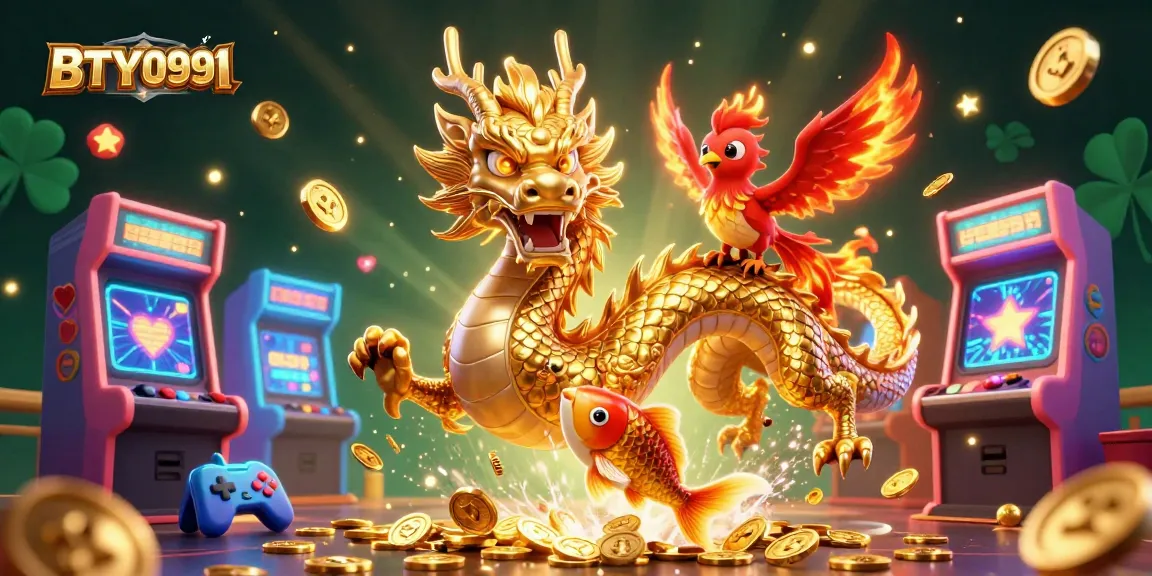 Engage with BTY0991 casino magic featuring a golden dragon, red phoenix, and koi fish amidst vibrant gaming elements.