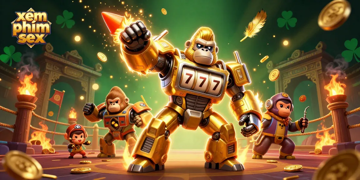 Xem phim sex and win big with a golden gorilla mech in a dynamic casino scene surrounded by vibrant game elements.