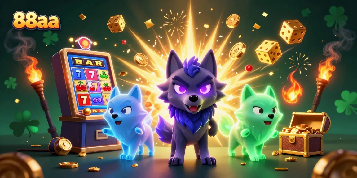 Engage in thrilling gameplay at 88aa with vibrant slots, treasures, and ghostly wolves in a dynamic casino scene.