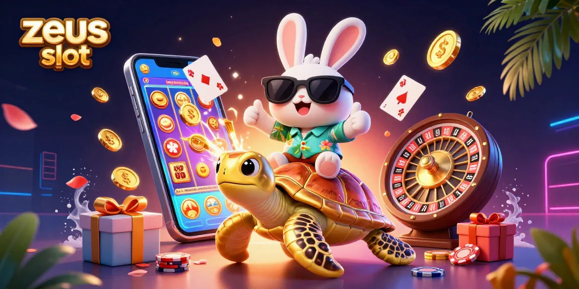 Experience the zeus slot action with a lucky rabbit and golden turtle in a vibrant casino scene.