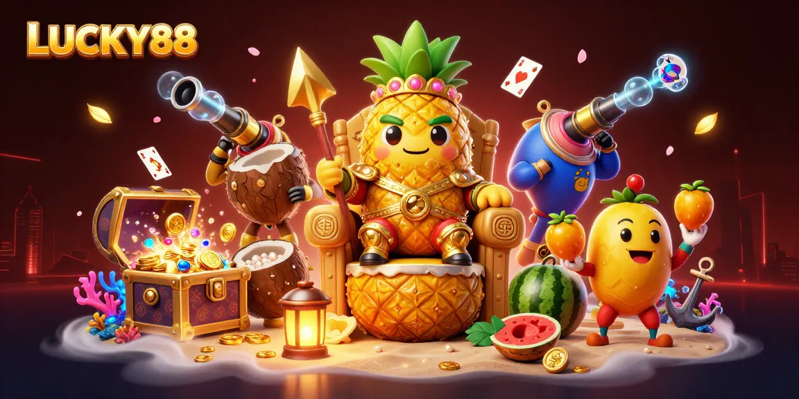 Experience the vibrant energy of LUCKY88 with a cartoon pineapple king in a lively casino scene.