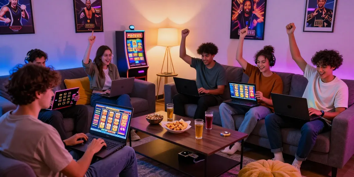 Pengalaman bermain slot jackpot di ruang tamu modern dengan teman, penuh energi.