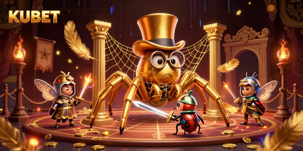 KUBET's golden tarantula weaves a web of fortune in a vibrant casino illustration.