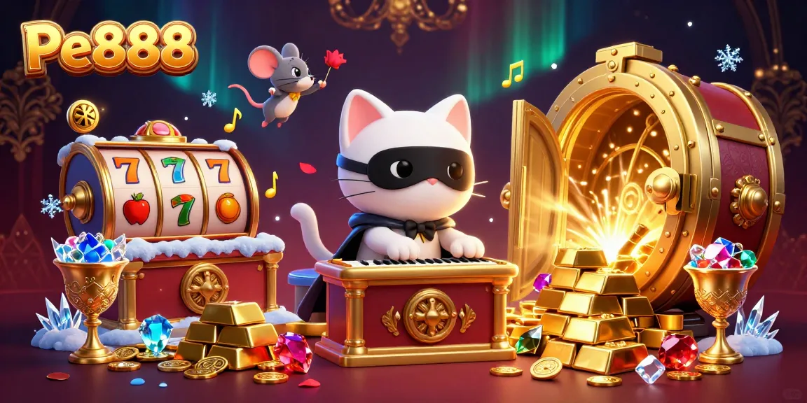 Experience the excitement of Pe888's slot games in a vibrant casino scene with captivating characters and elements.