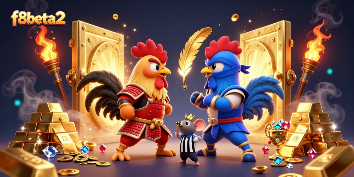 Engage in vibrant action with f8beta2's epic rooster duel featuring gold treasures.