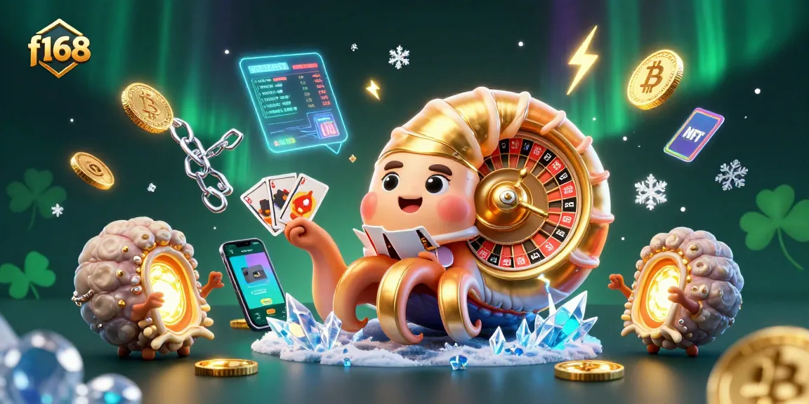 Experience the thrill of f168 with 3D cartoon characters in a vibrant casino scene filled with cards and crypto elements.