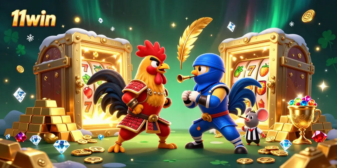 Experience the excitement of 11win with dynamic roosters facing off amidst dazzling casino treasures!