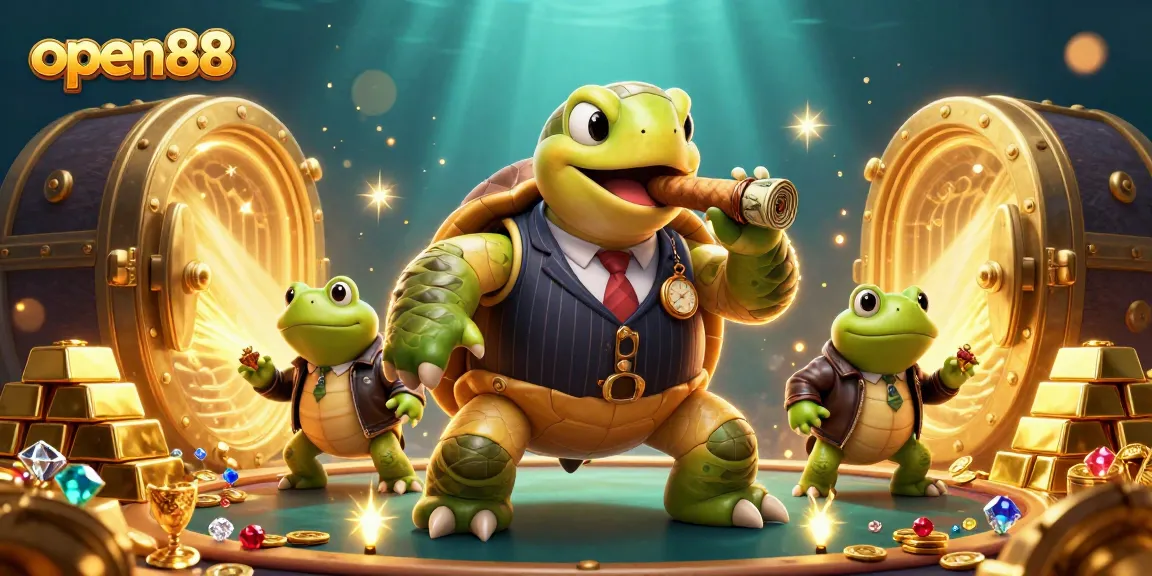 Experience the thrill of betting at open88 with a dynamic casino scene featuring vibrant 3D characters and treasures.