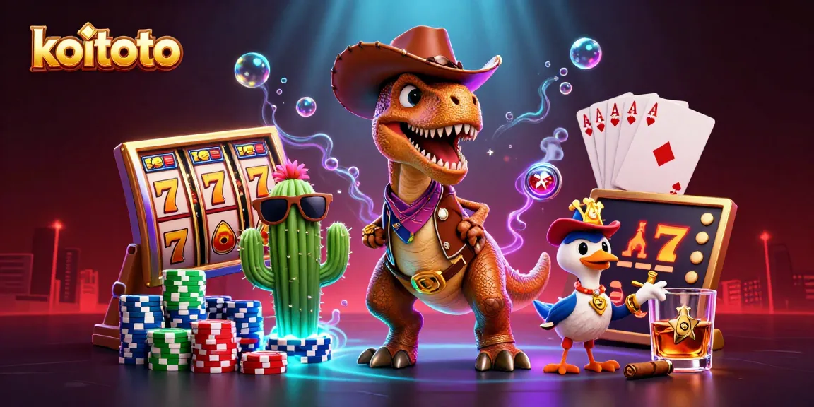 Koitoto hadir dengan gambar menarik yang menggambarkan dino cowboy di kasino dengan slot gacor dan tumpukan chip poker.