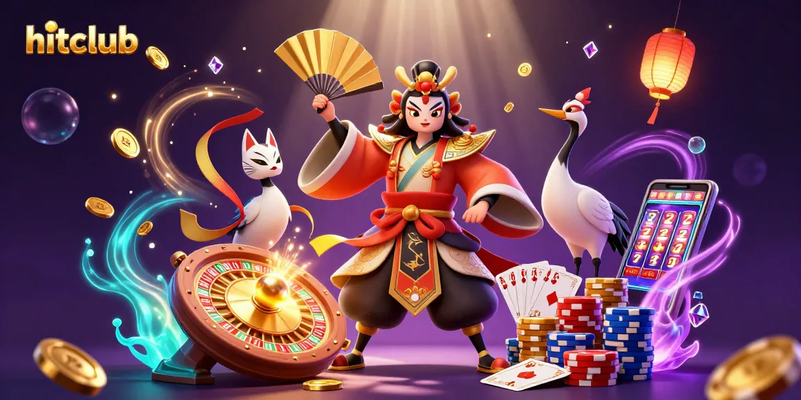 Hitclub's interactive gaming adventure with kabuki characters, cosmic slots, and dazzling coins.