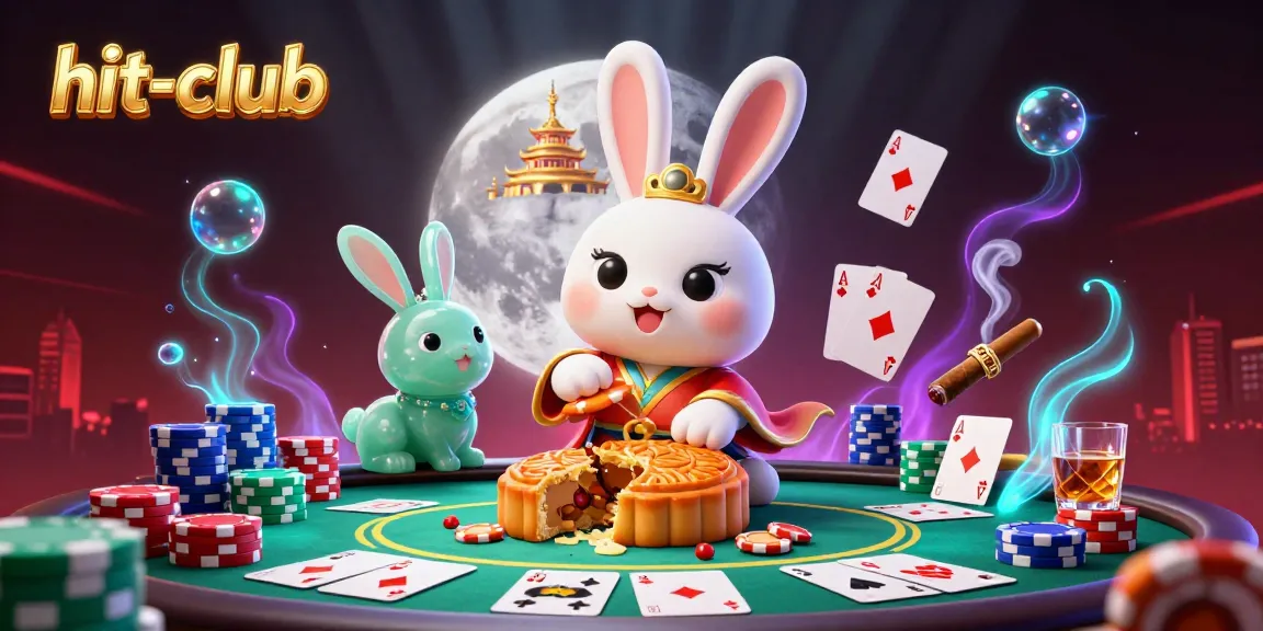 Winning with the hit-club: Moon rabbits, poker chips, and casino excitement in a dynamic scene.