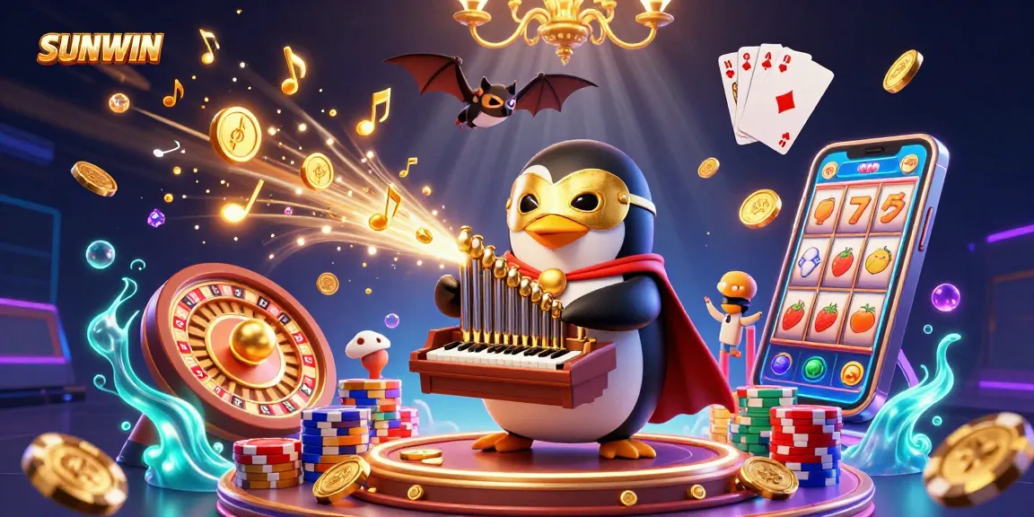 SUNWIN showcases a vibrant 3D cartoon scene with a penguin organist amidst cascading coins and vibrant gambling elements.