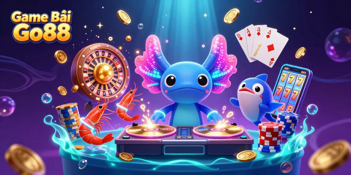 Spin and win with vibrant Game Bài Go88 elements featuring an axolotl DJ and dazzling casino gems.