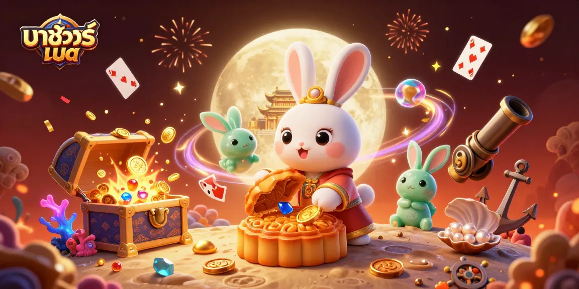 Join the excitement of มาชัวร์เบท as the moon rabbit reveals poker chips and treasures in a fantasy scene.